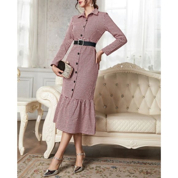 Houndstooth Print Belted Tweed Dress - Picture 2 of 9